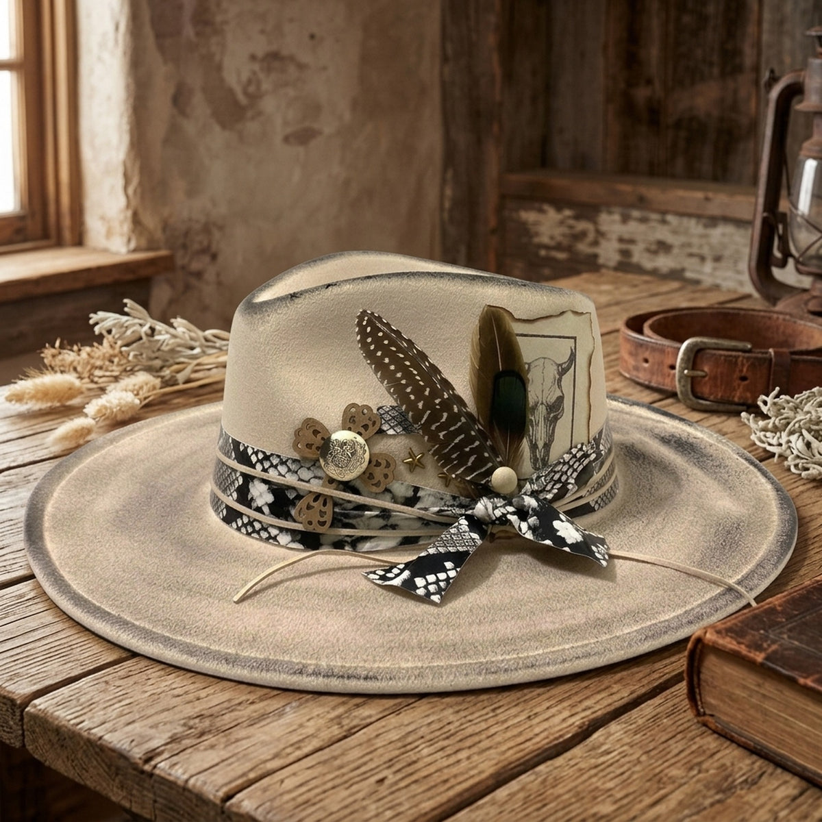 Vintage Cream Fedora with Snake Band, Feathers and Bull Card