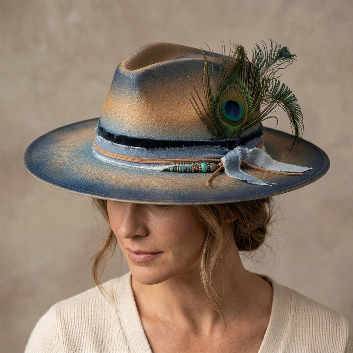 Tan Blue Distressed Felt Fedora with Peacock Feather Suede Bow
