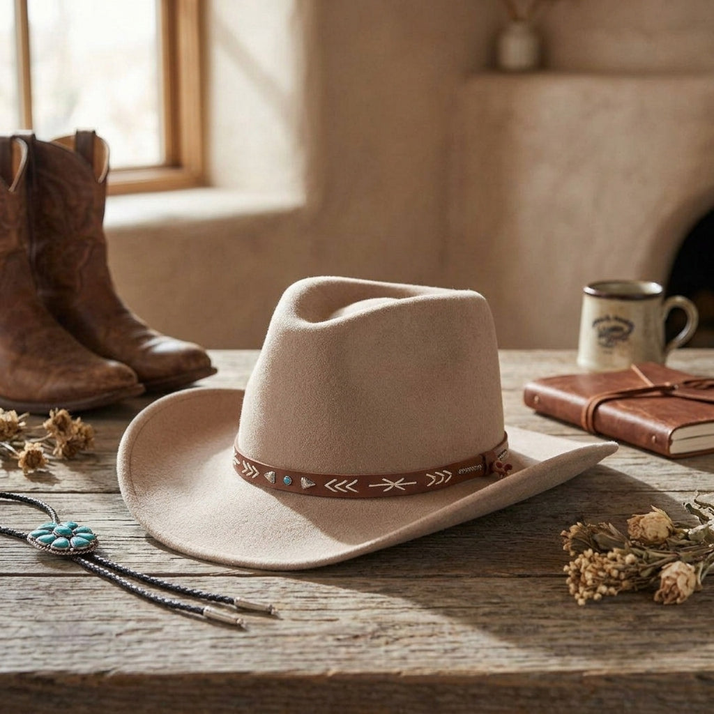Unisex Beige Western Hat with Stitched Leather Band