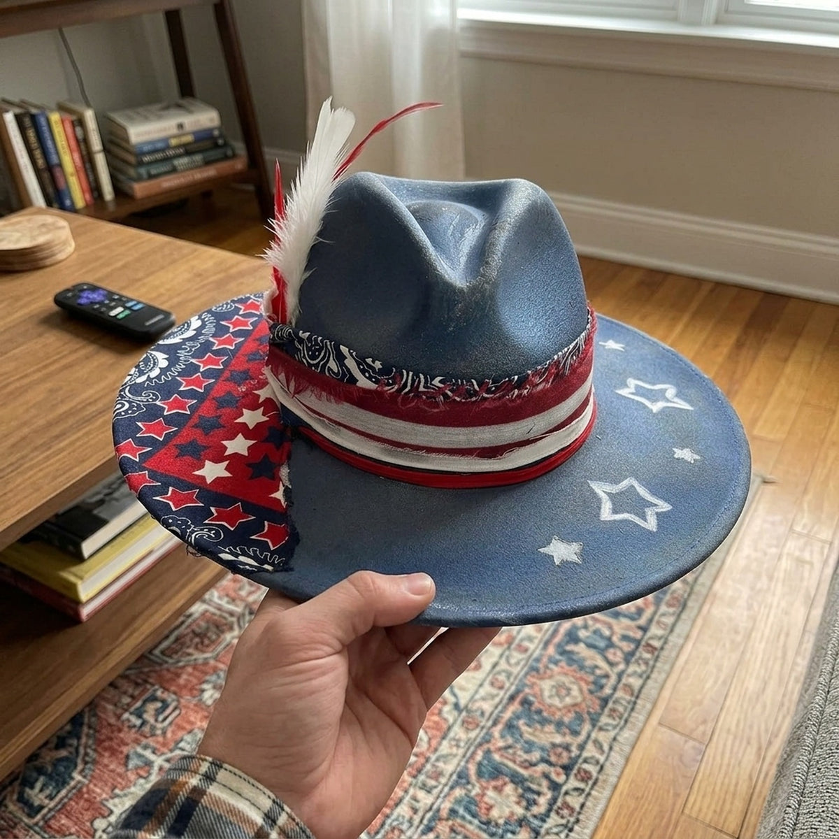 Patriotic Blue Cowboy Hat with Star Print and Feather Accent