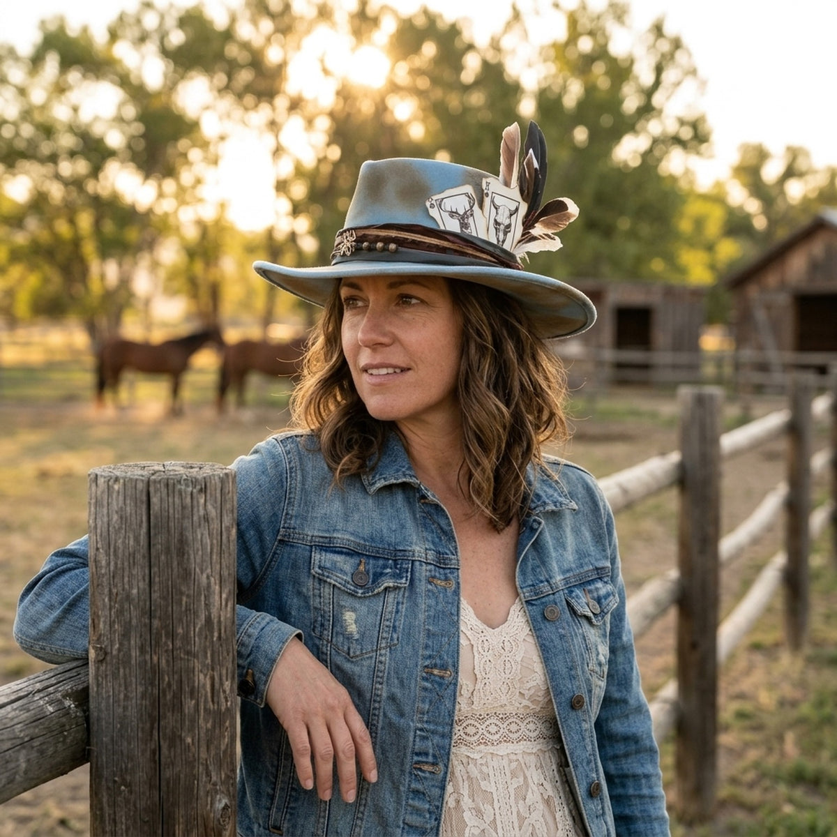 Sky Blue Distressed Western Hat With Skull Cards And Leather Straps