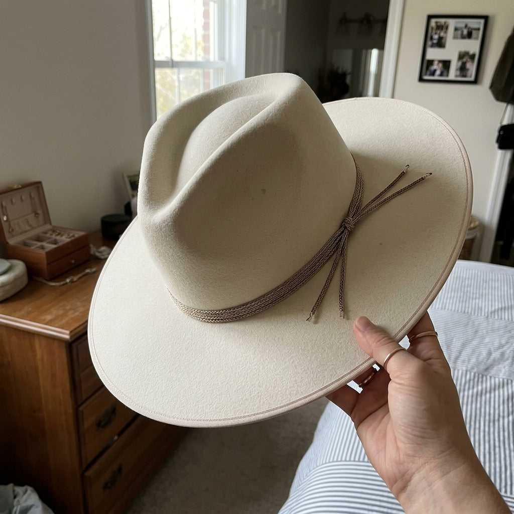 Cream Wool Felt Fedora with Chain Braided Band and Tasseled Tie