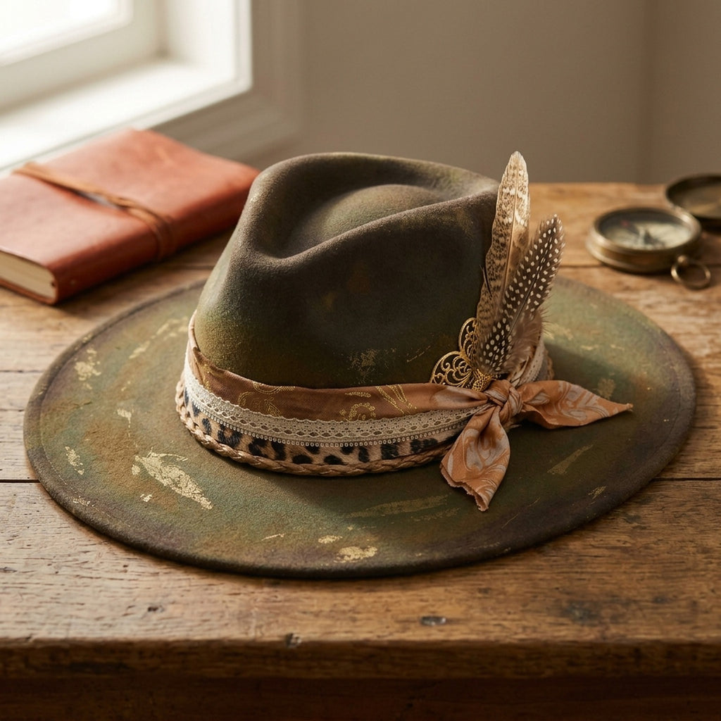 Antique Olive Felt Fedora with Leopard Trim and Feather Accent