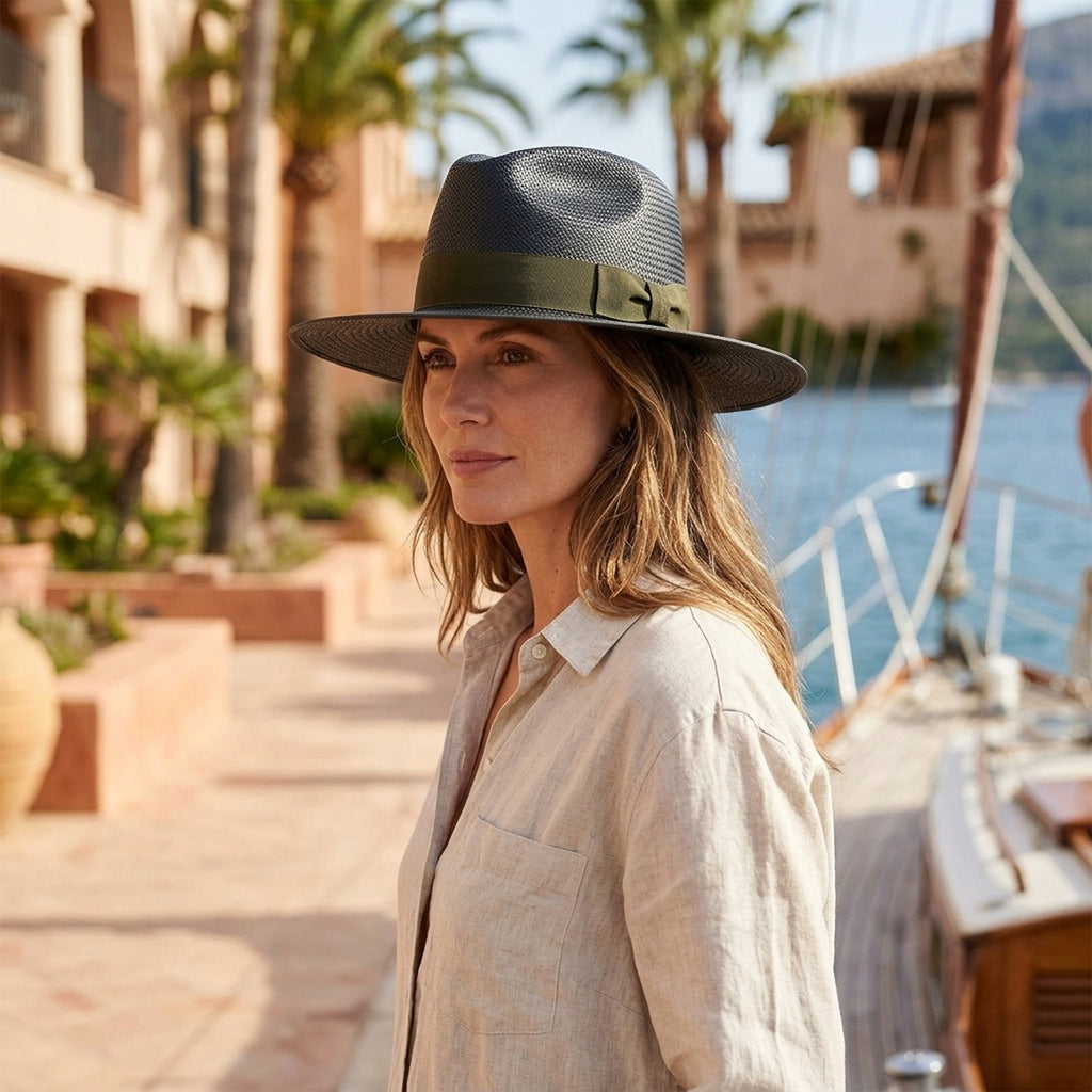 Black Woven Straw Fedora Hat with Ribbon Band for Summer