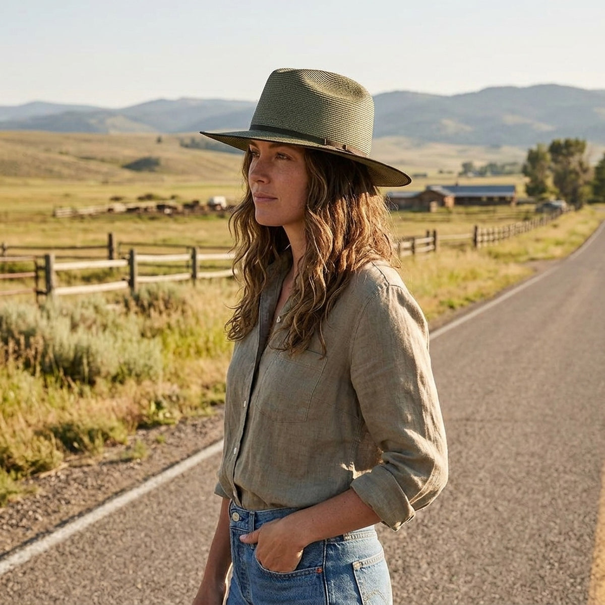 Olive Green Panama Hat in Straw with Bound Edge Detail