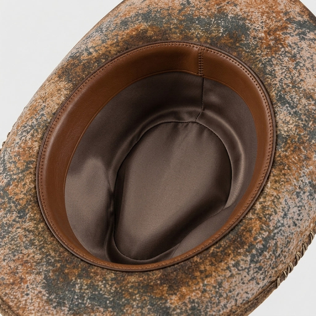 Weathered Brown Cowboy Hat with Paisley Bandana and Stitching