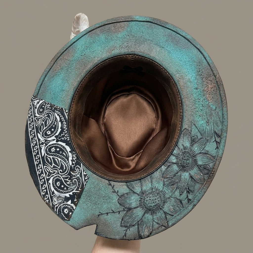 Teal Western Hat with Paisley Brim, Floral Embroidery, and Pearls