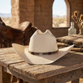 Unisex Cream Straw Cowboy Hat with Patterned Leather Concho Band