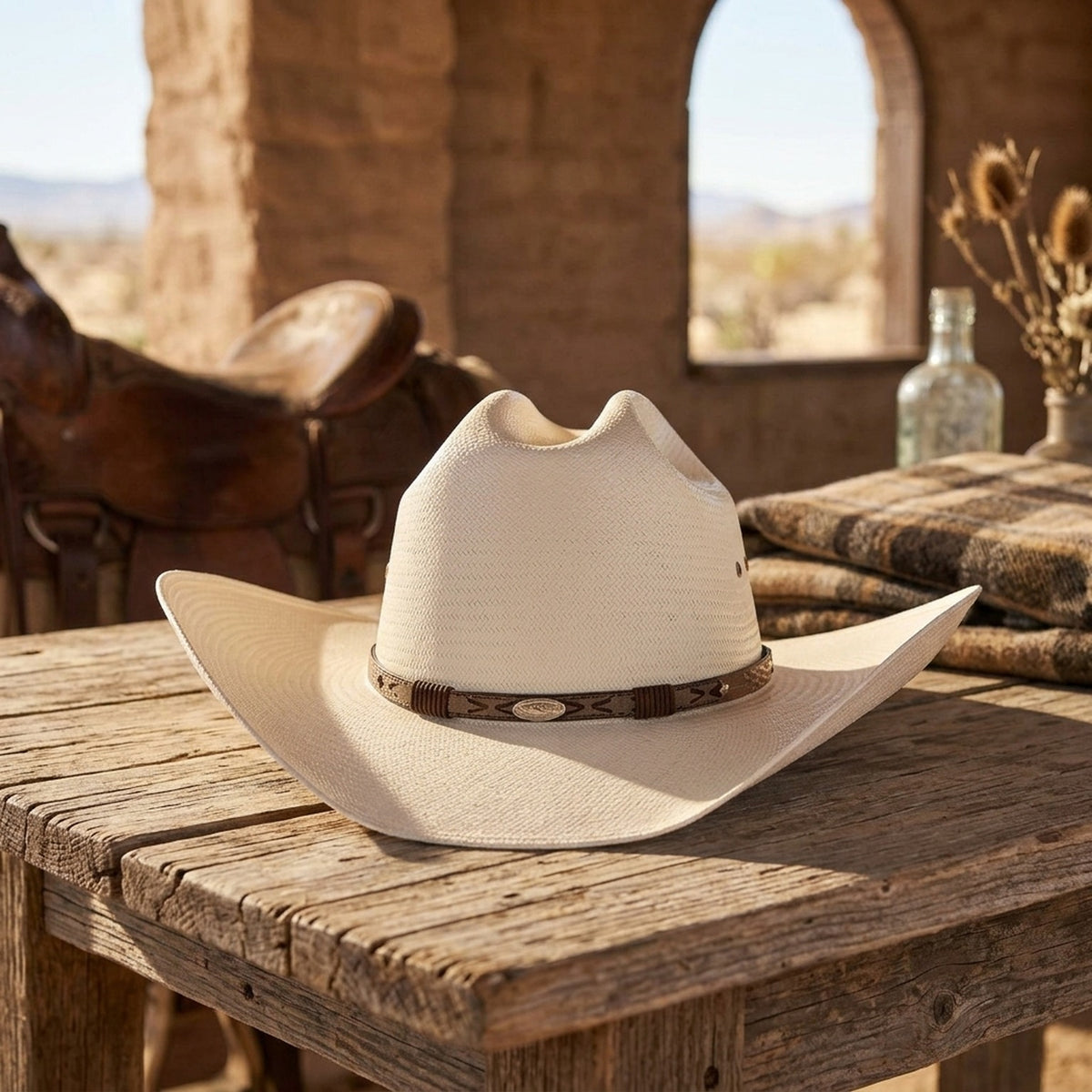 Unisex Cream Straw Cowboy Hat with Patterned Leather Concho Band