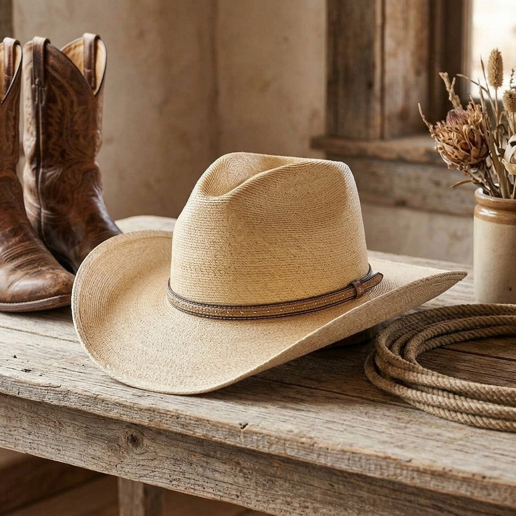Natural Tan Raffia Western Hat with Contrast Stitched Band