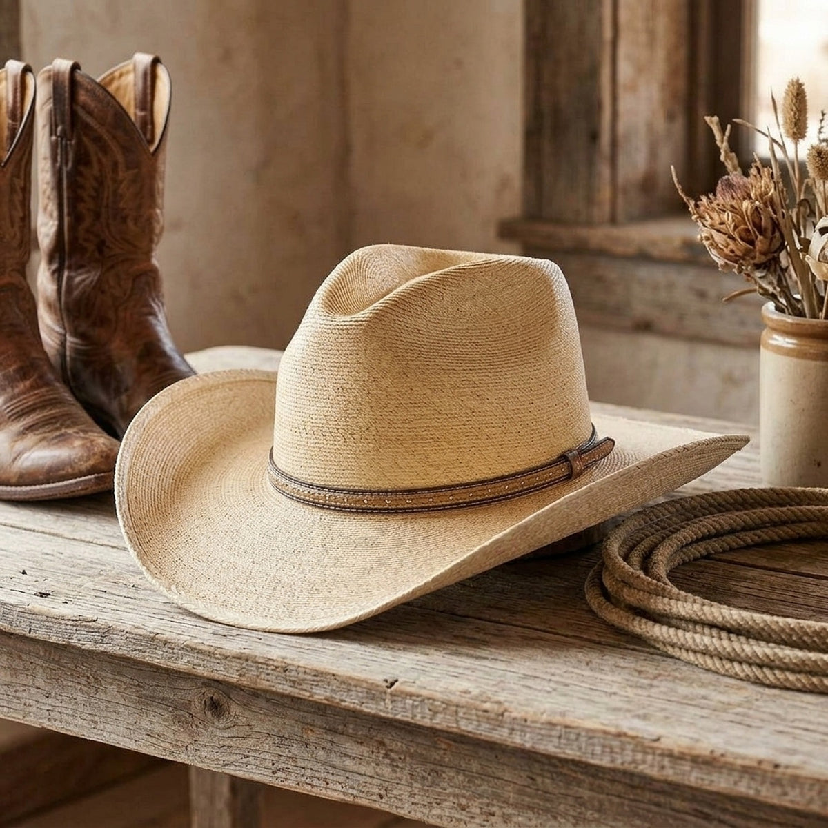Natural Tan Raffia Western Hat with Contrast Stitched Band