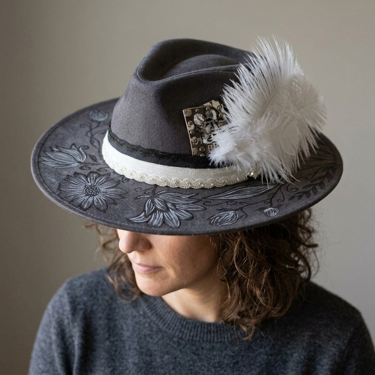Gray Flocked Fedora Hat with Floral Brim Print and Feather