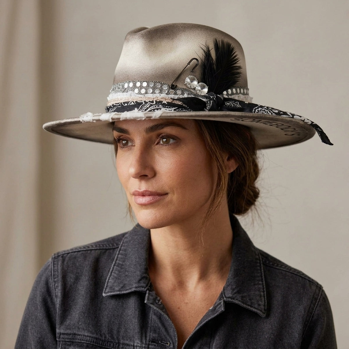 Distressed Beige Fedora with Bandana Scarf and Feather Accent