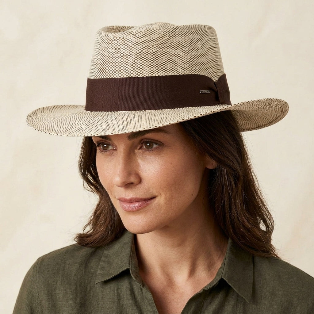 Unisex Two Tone Straw Panama Hat with Brown Ribbon Band