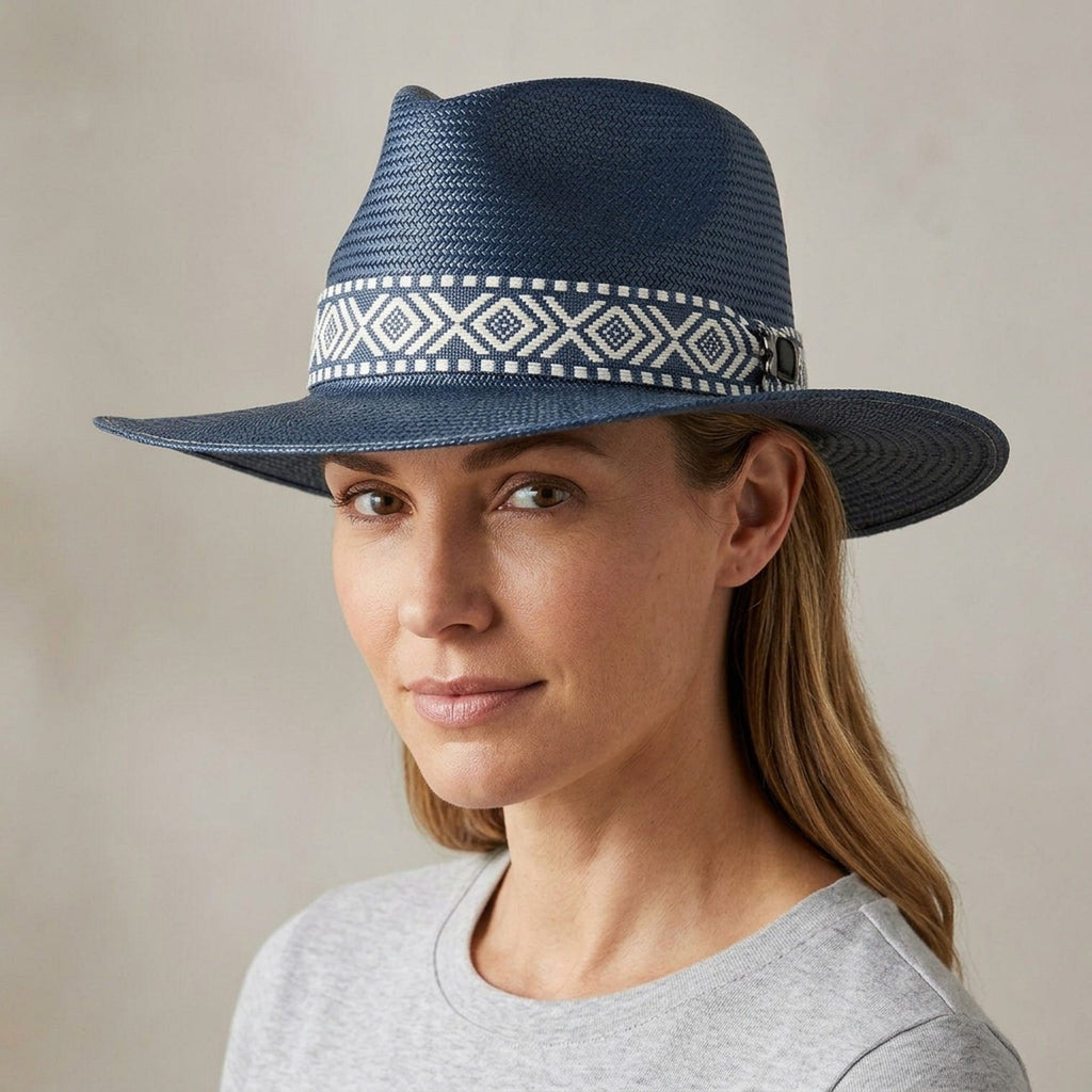 Unisex Navy Straw Panama Hat with Geometric Pattern Band
