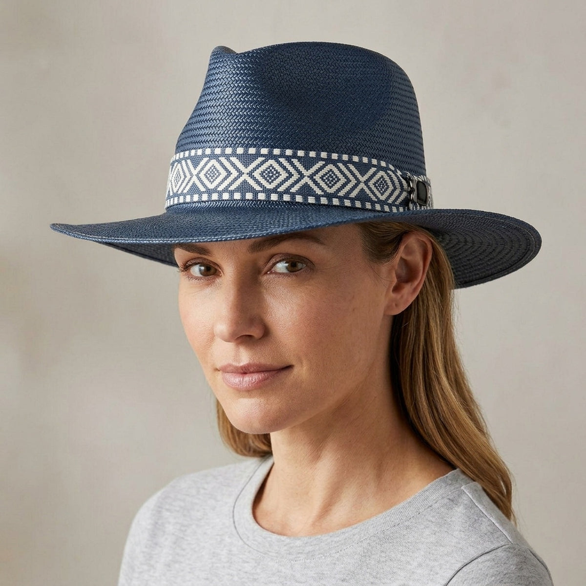 Unisex Navy Straw Panama Hat with Geometric Pattern Band