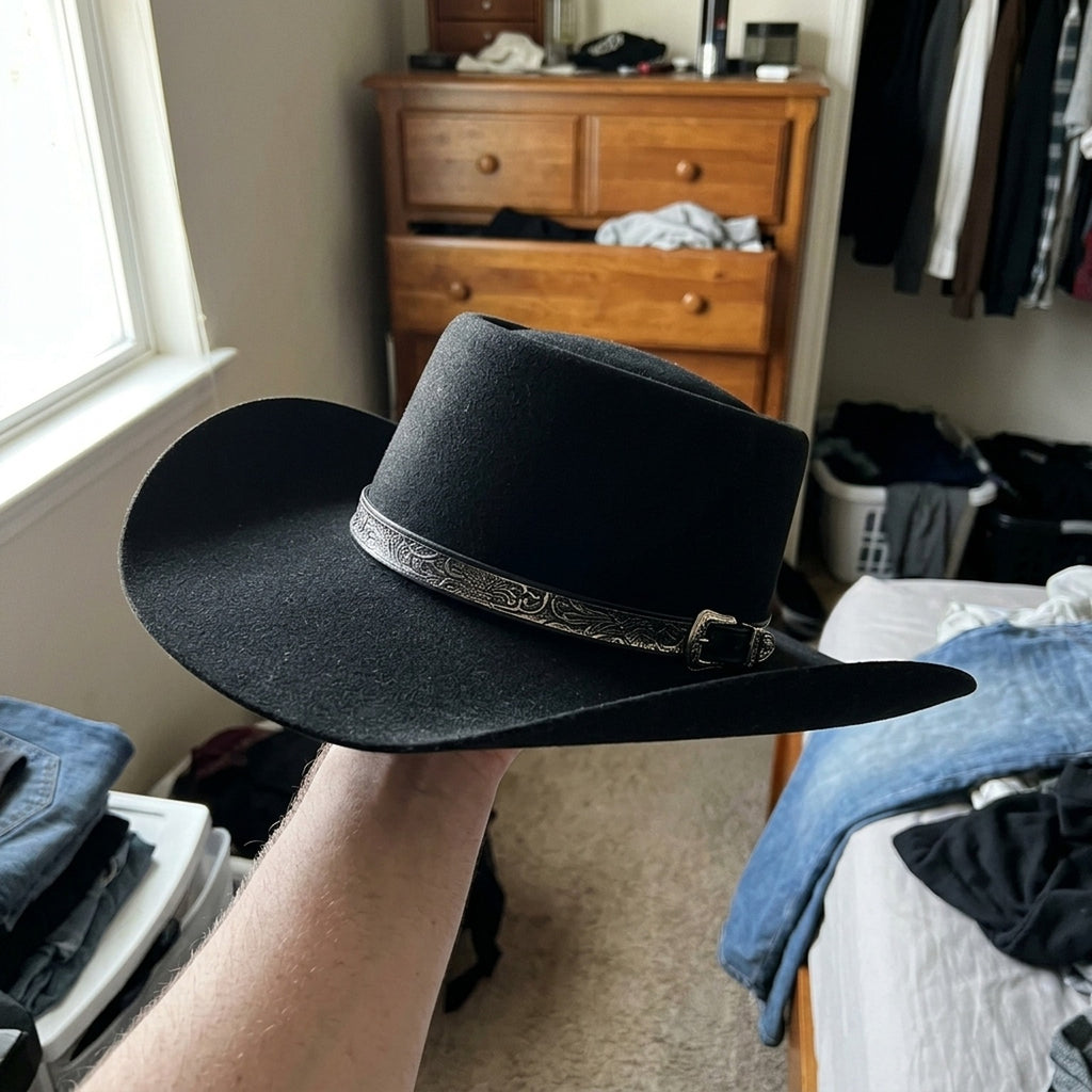 Black Flat Crown Western Hat With Embossed Band
