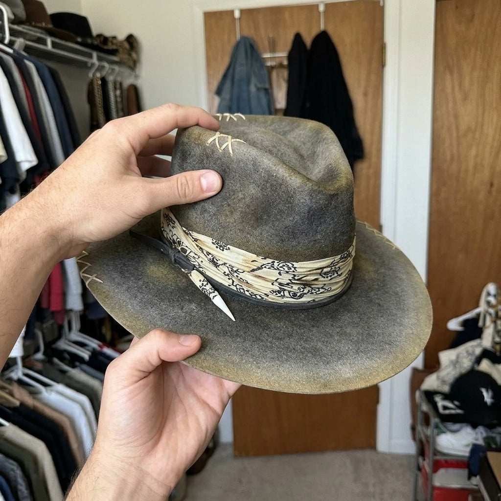 Olive Felt Western Hat with Bandana Band and Stitched Brim
