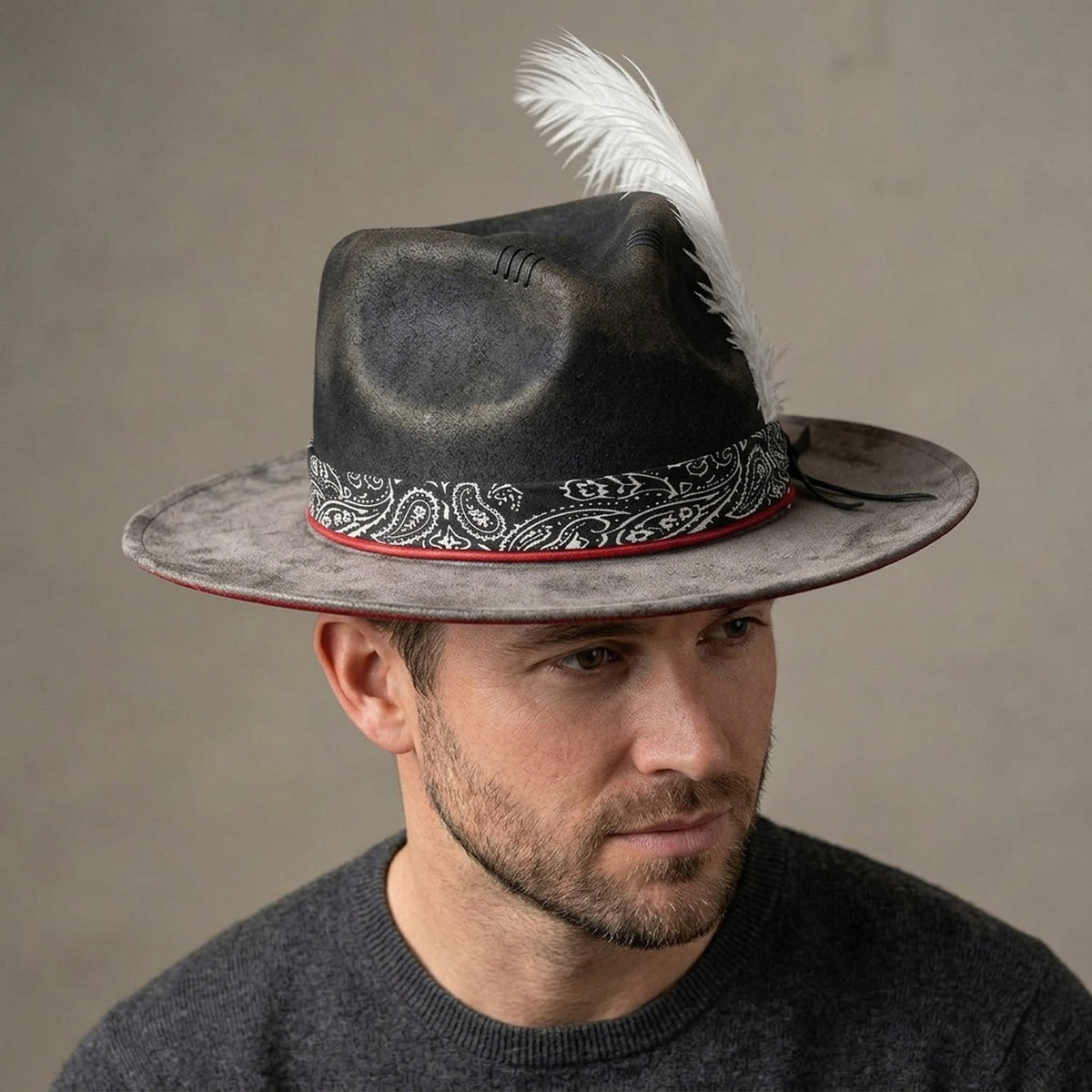 Two-Tone Black and Gray Fedora Hat with Paisley Band