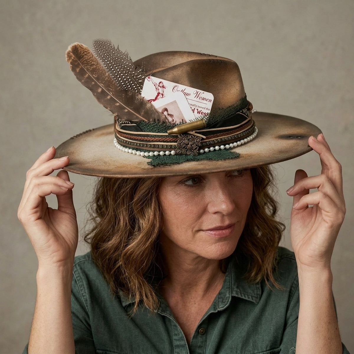 Tan Distressed Fedora with Feather, Pearls, and Vintage Card Accent