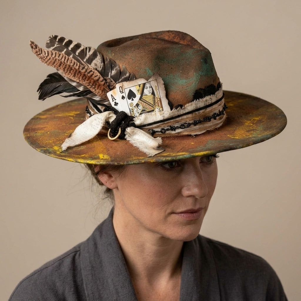Mixed-Media Brown Fedora with Cards, Pearls, and Feather Cluster