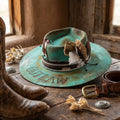 Turquoise Felt Fedora Hat with Feather and Crystal Band