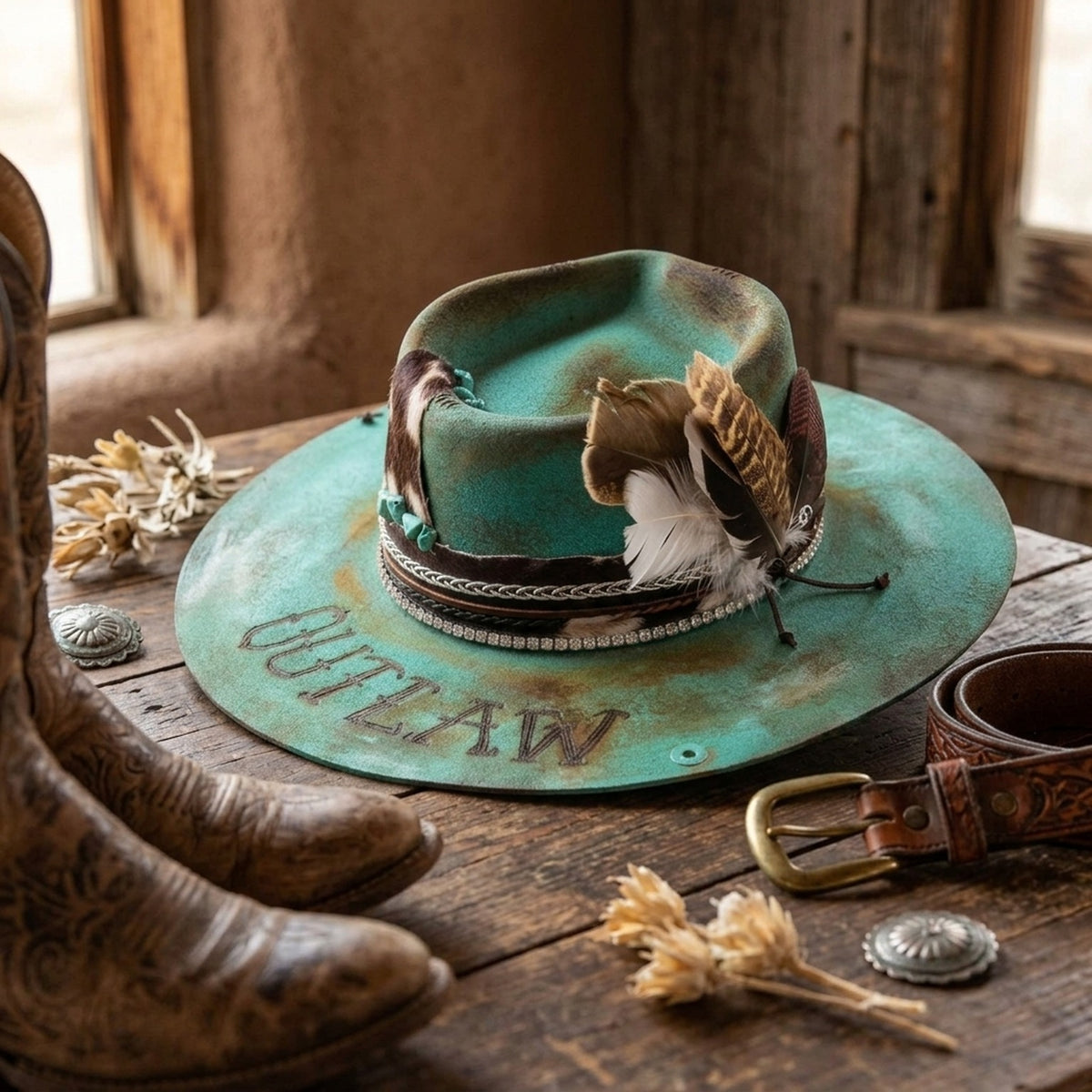 Turquoise Felt Fedora Hat with Feather and Crystal Band
