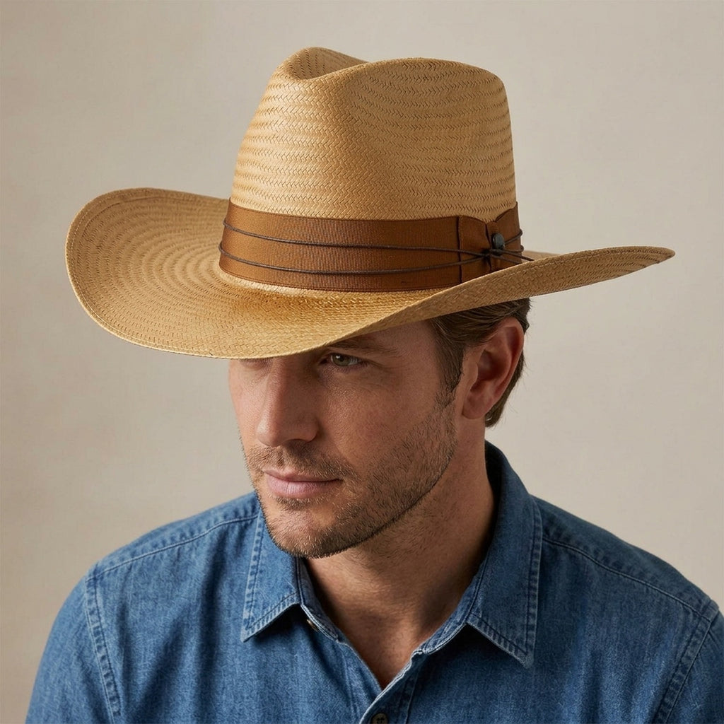 Tan Straw Floppy Sun Hat with Chin Tie and Wide Brim