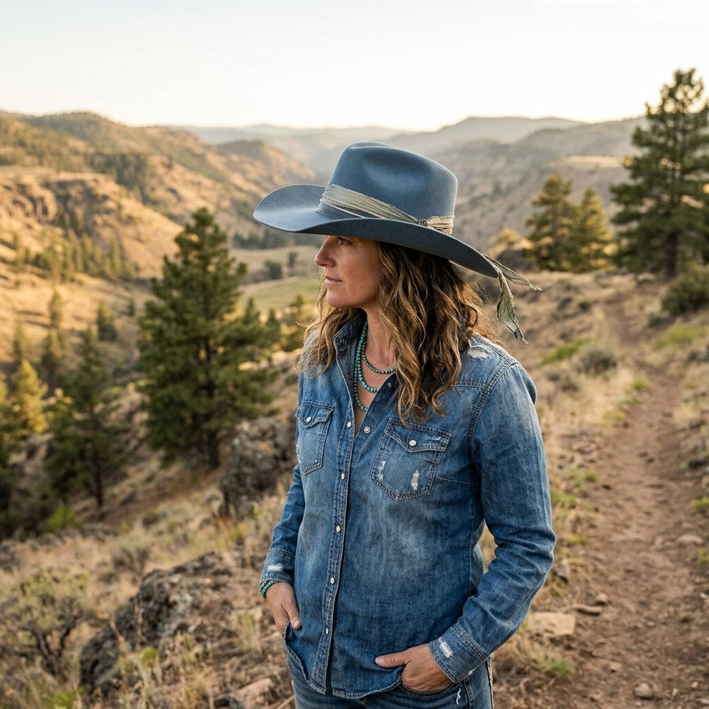 Slate Blue Felt Western Hat With Tied Fabric Band