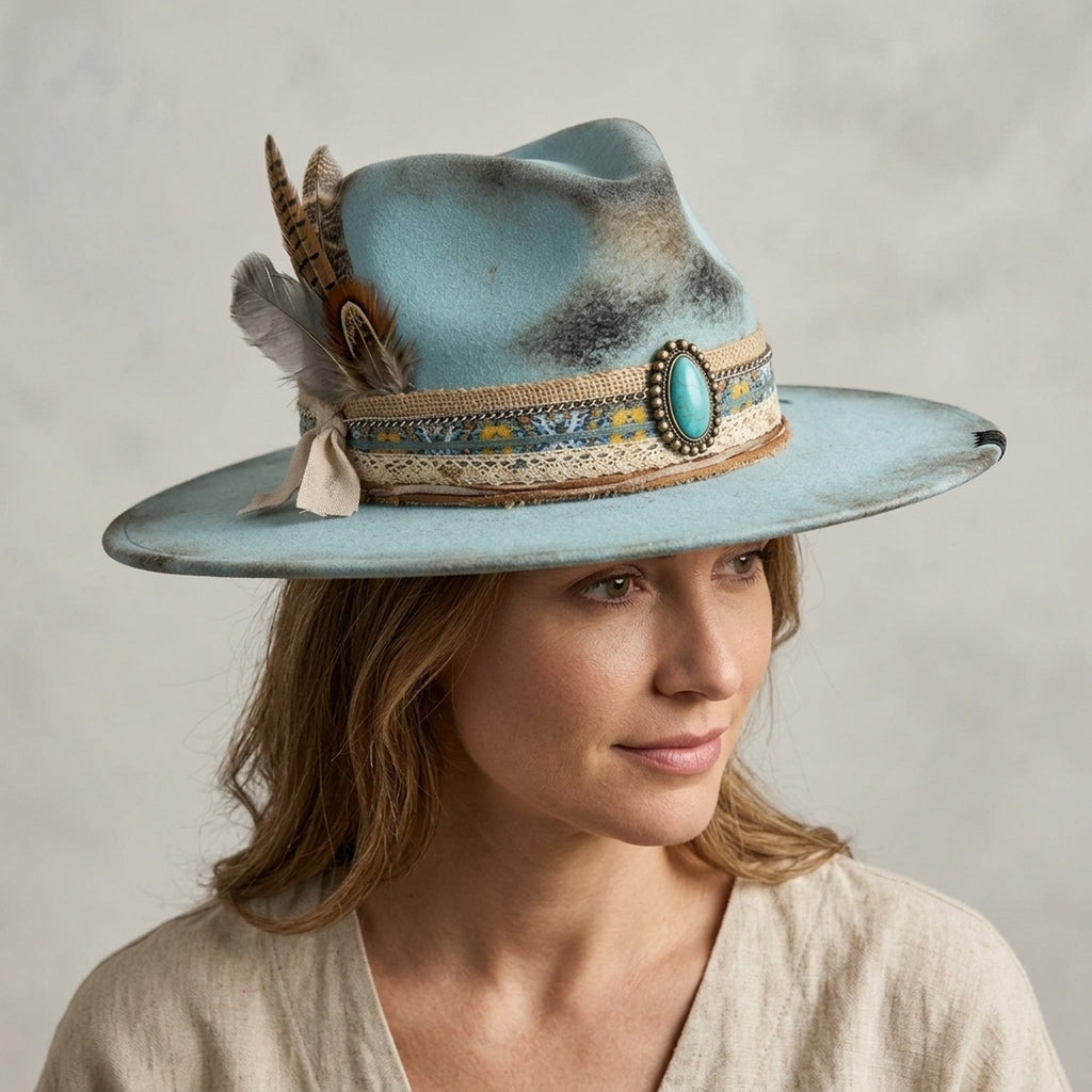 Light Blue Fedora with Turquoise Concho, Lace and Feathers