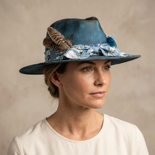 Antique Blue Fedora with Floral Scarf Bow and Feather Spray