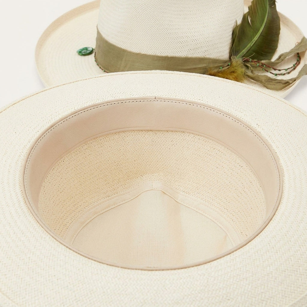 White Straw Panama Hat with Feather and Beads