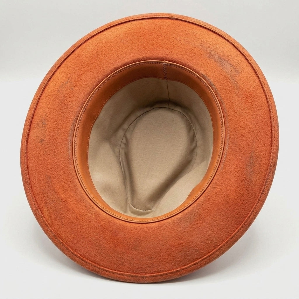 Rust Orange Felt Fedora Denim Burlap Layer Jeweled Brooch