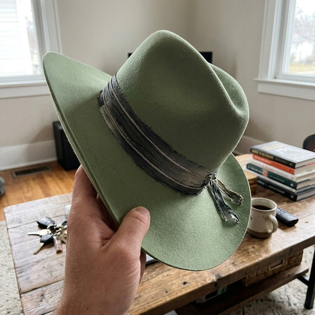 Sage Green Felt Cowboy Hat with Layered Chain and Feather Band