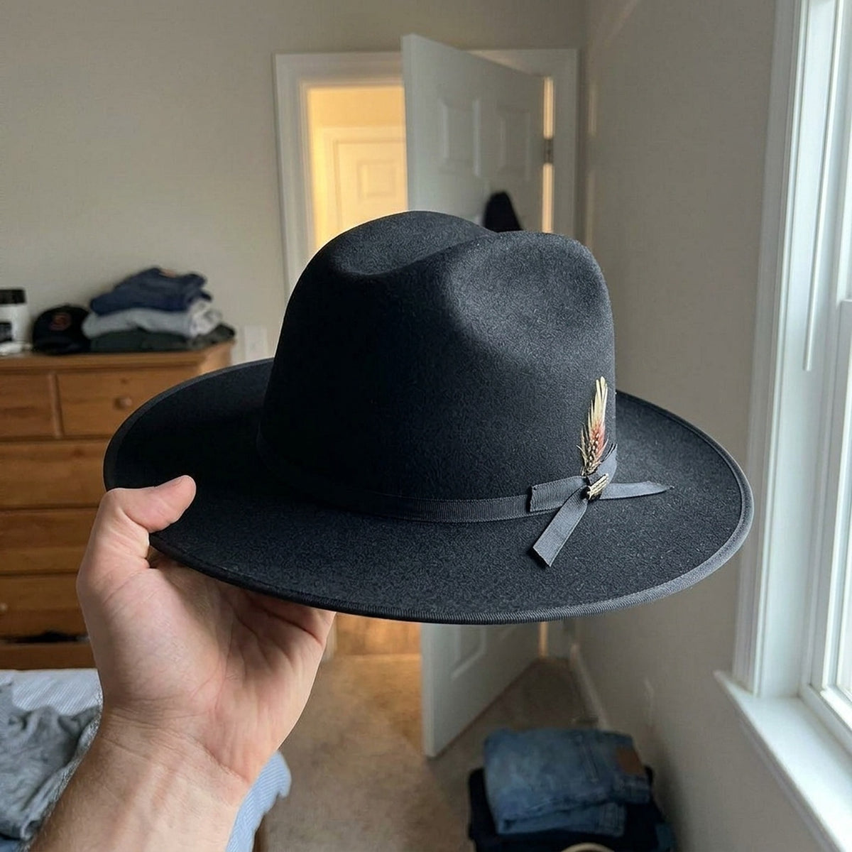 Unisex Black Wool Felt Fedora Hat with Ribbon Trim