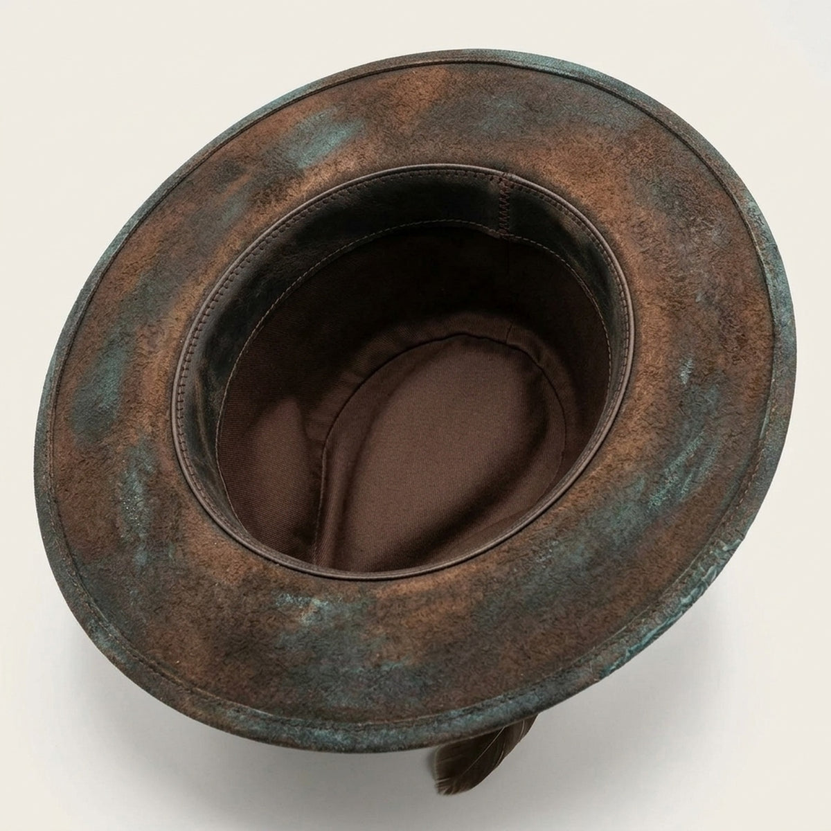 Aged Teal Distressed Fedora with Burlap Band, Concho and Coin