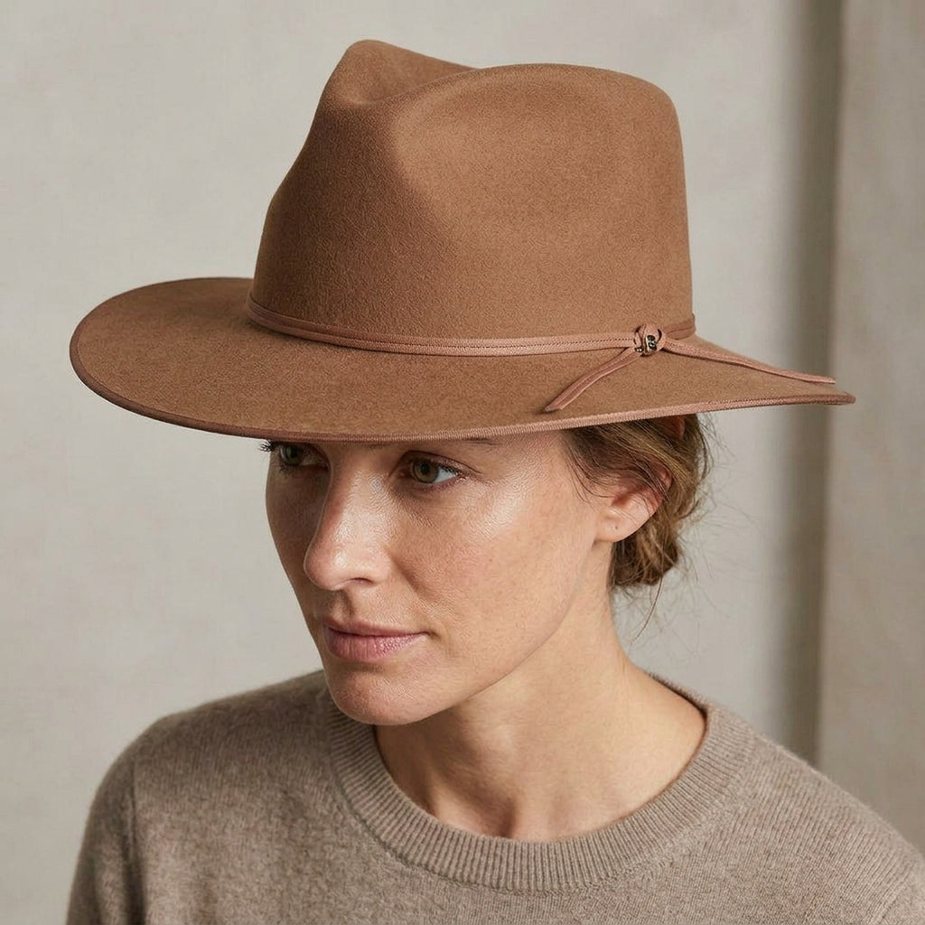 Unisex Camel Wool Felt Fedora Hat with Matching Band