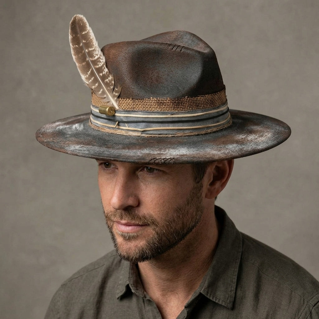 Weathered Gray Fedora with Feather and Denim Burlap Band