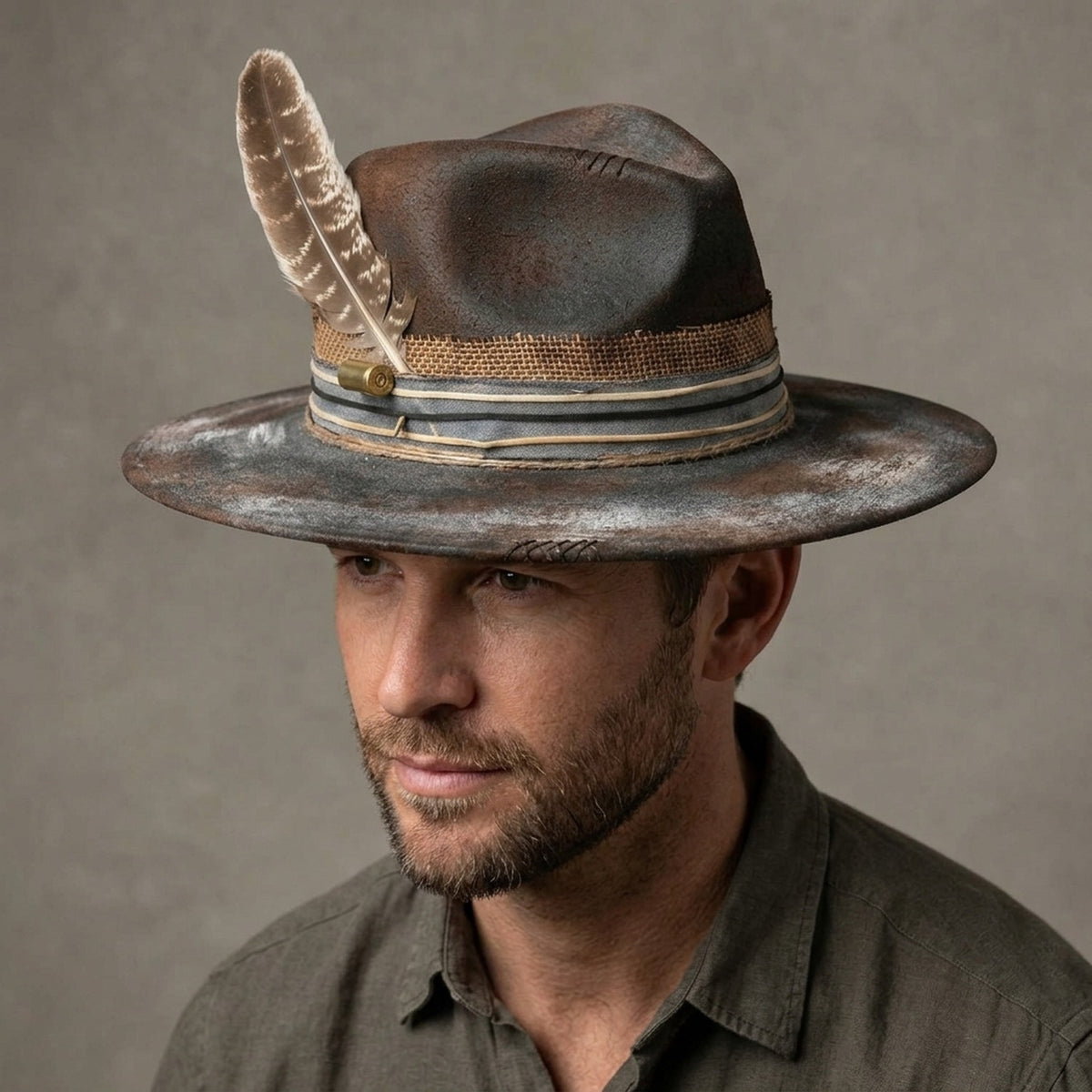 Weathered Gray Fedora with Feather and Denim Burlap Band
