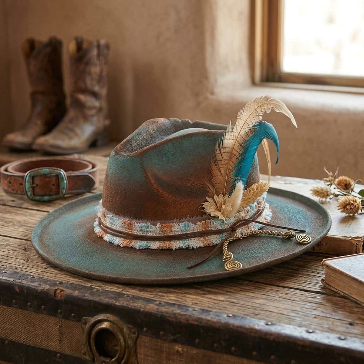 Distressed Brown Teal Two-Tone Felt Fedora with Feather Cluster