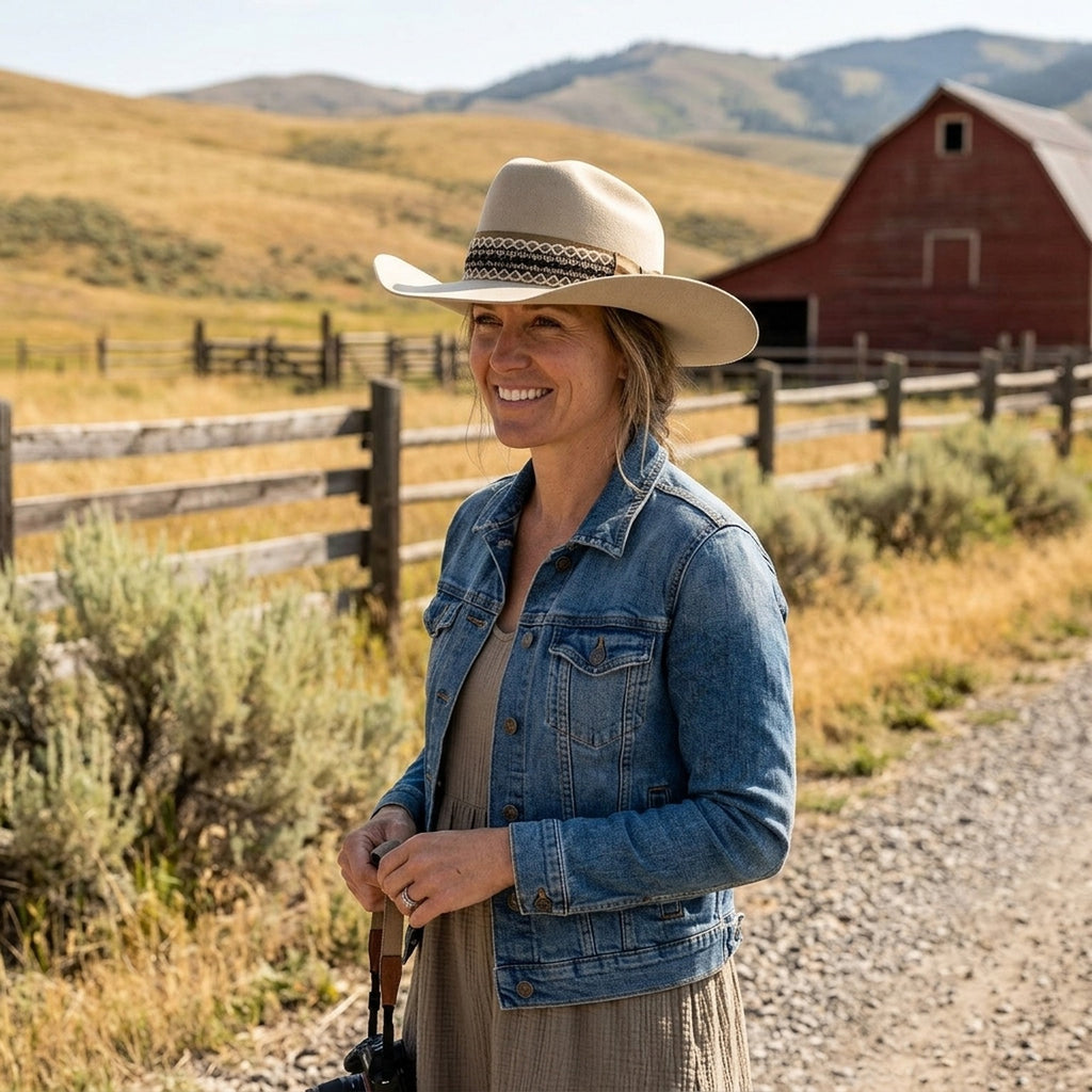 Cream Western Hat with Woven Geometric Band and Brim