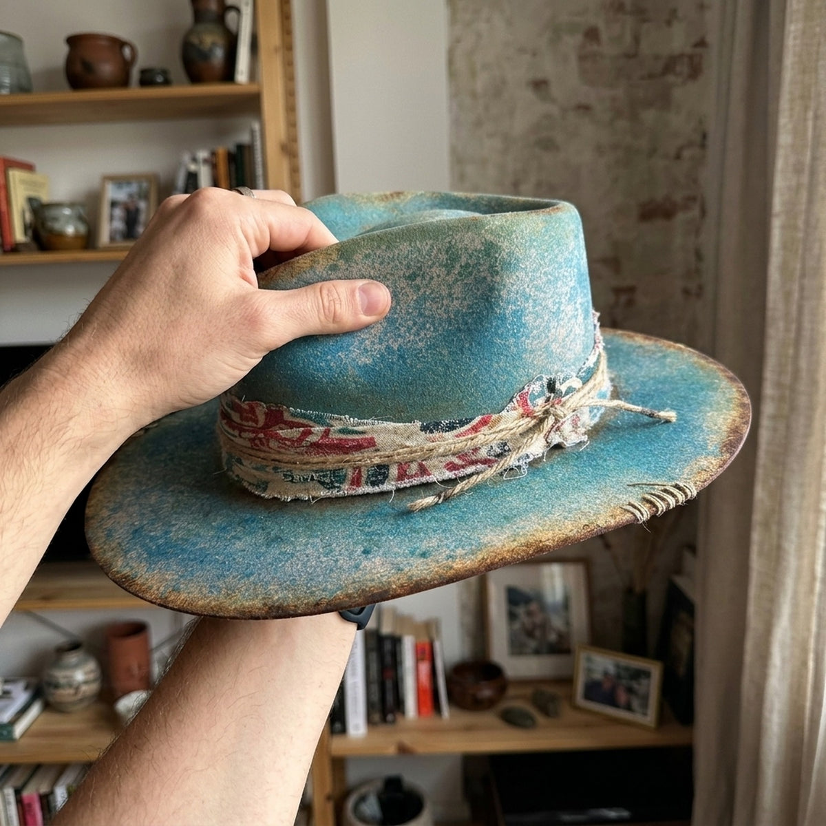 Distressed Teal Felt Western Hat with Patterned Band