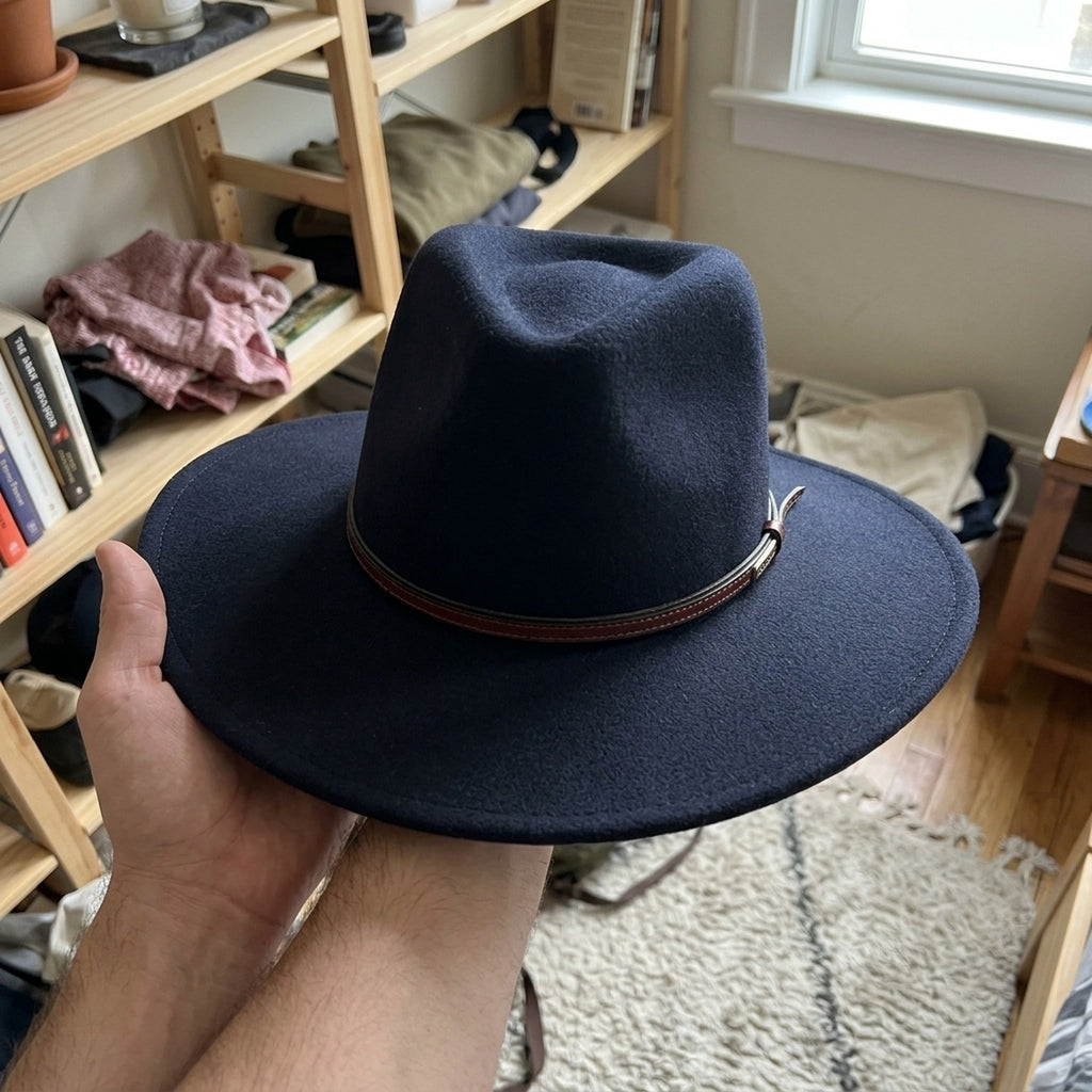 Navy Felt Fedora Hat with Brown Leather Band - Classic Style