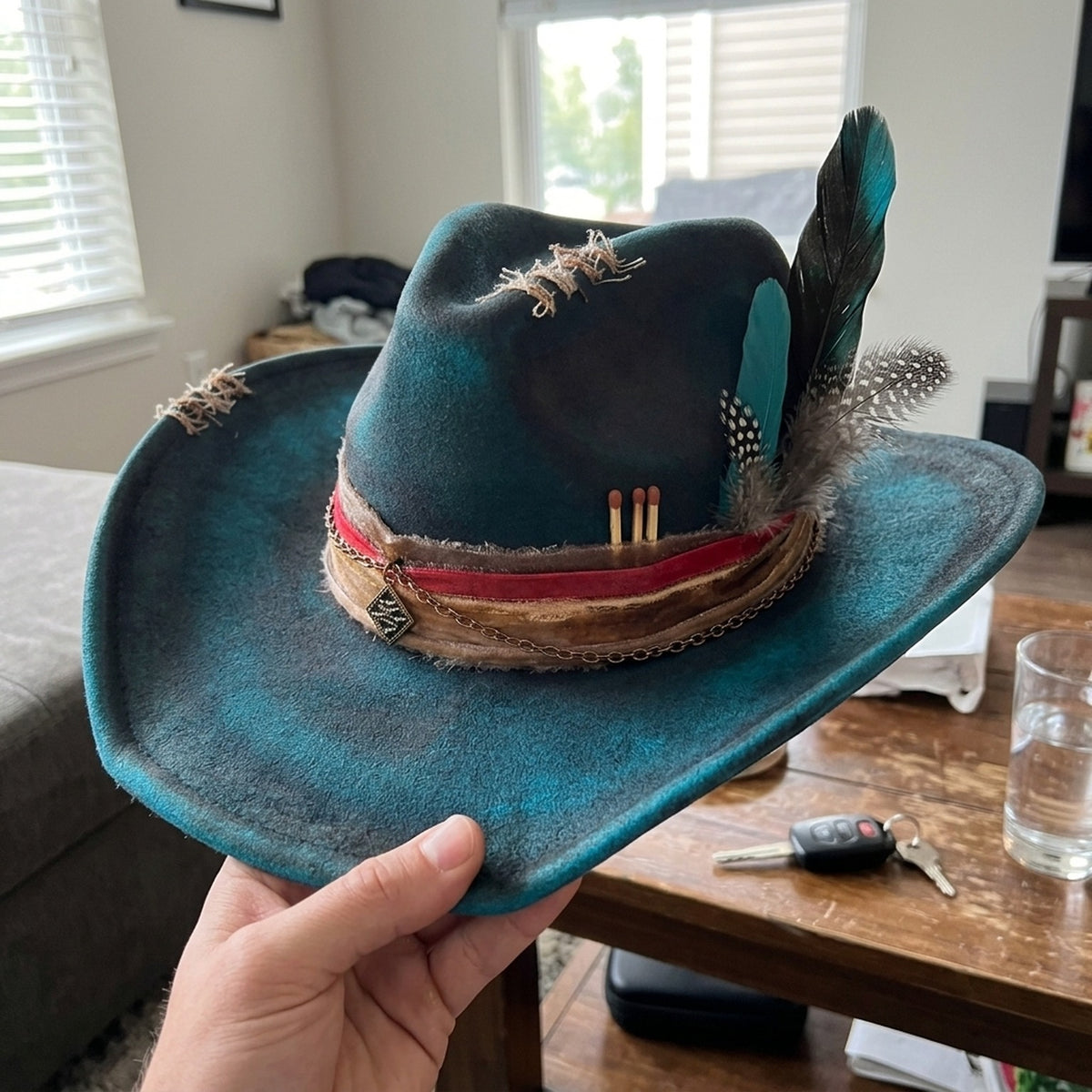 Teal Wide-Brim Western Hat with Matchstick and Feather Details