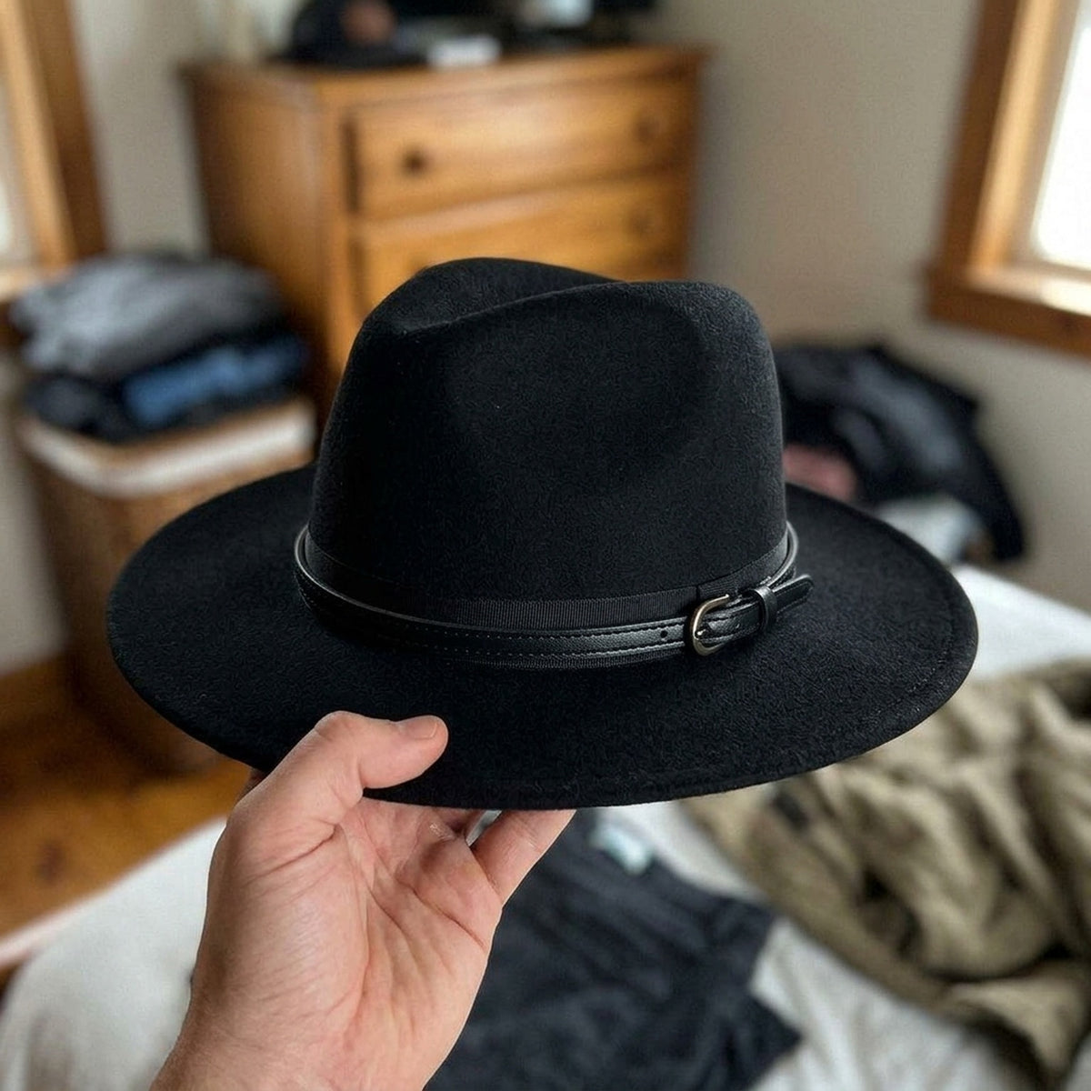 Unisex Black Wool Felt Fedora with Double Strap Band