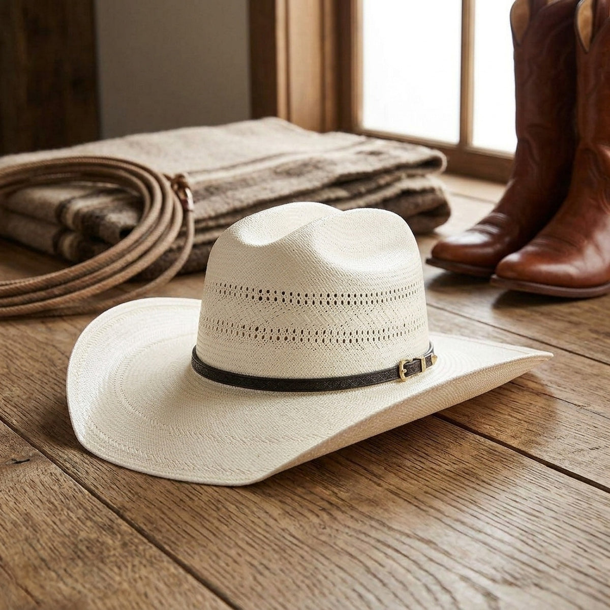 White Straw Cowboy Hat with Perforated Crown and Leather Band