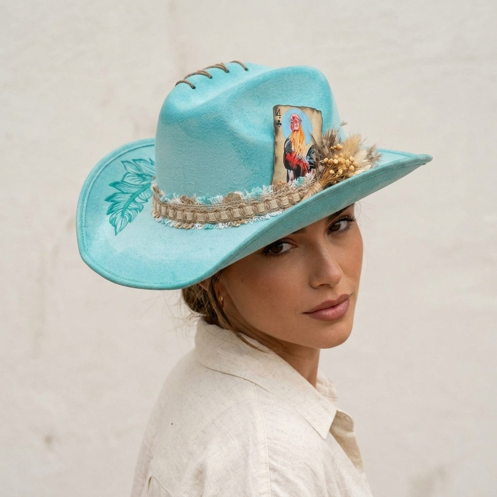 Boho Teal Western Hat with Rooster Card and Dried Flowers