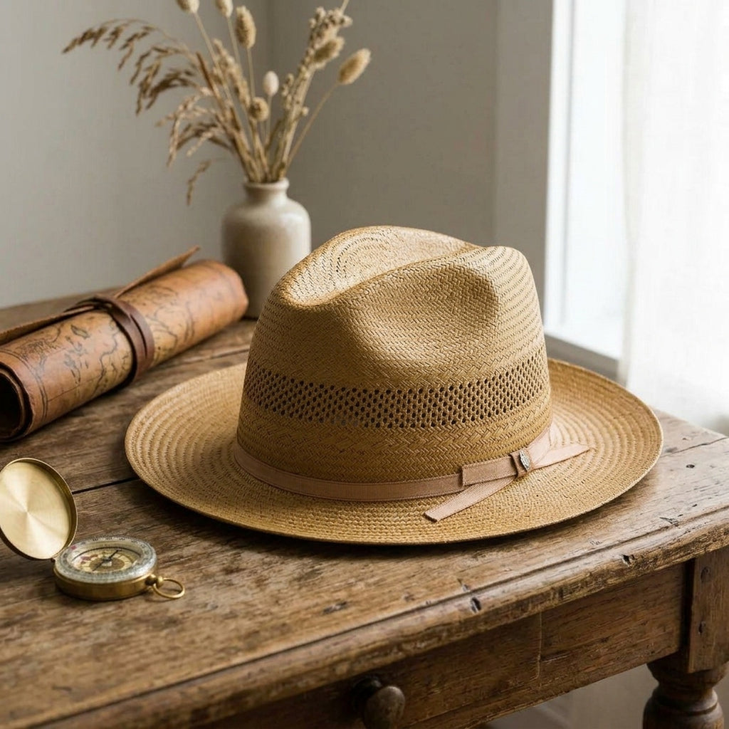 Honey Tan Straw Fedora Hat with Open Weave Ventilation Band