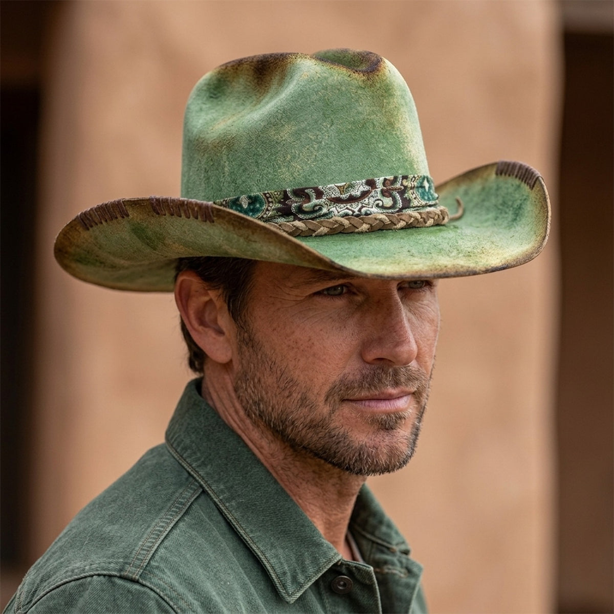 Green Distressed Cowboy Hat Paisley Band Braided Leather Western