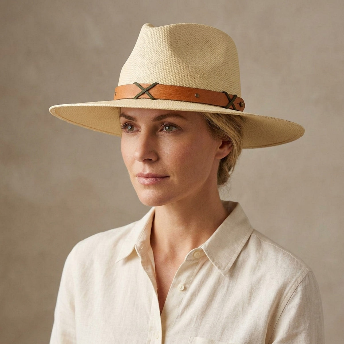 Natural Raffia Sun Hat with Leather Band and Cross Detail